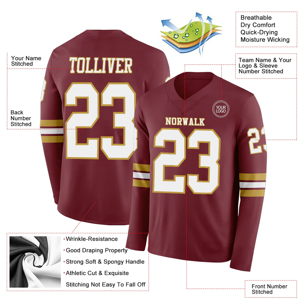 Custom Burgundy White-Old Gold Long Sleeve Authentic Football Jersey - Image 2