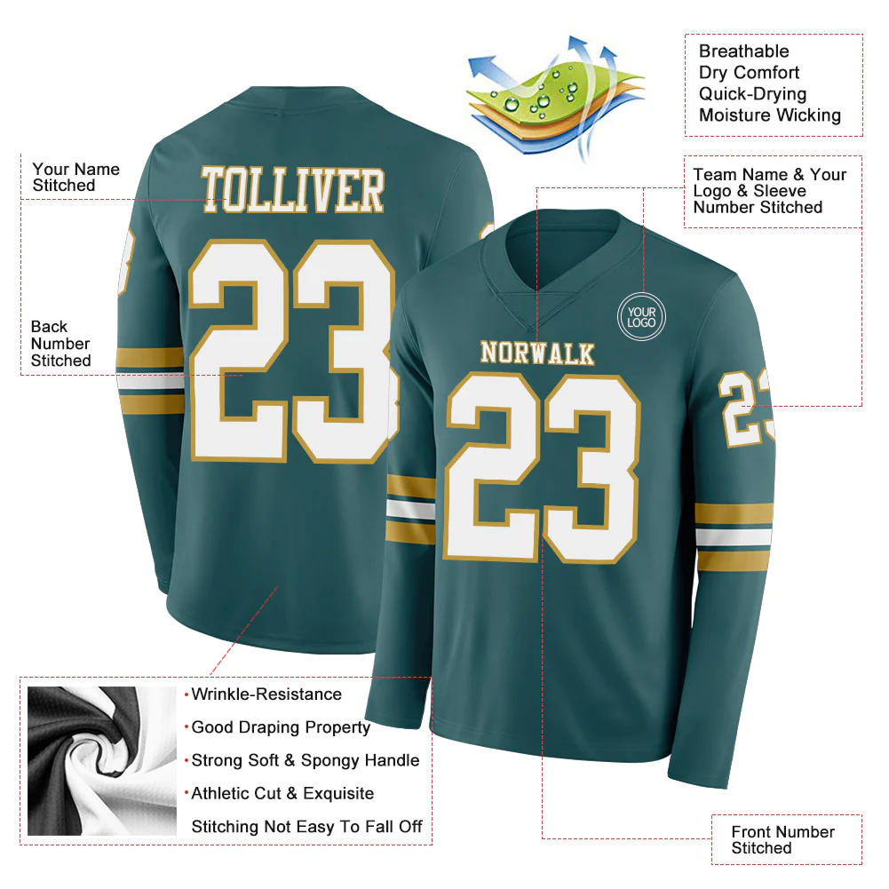 Custom Midnight Green White-Old Gold Long Sleeve Authentic Football Jersey - Image 2