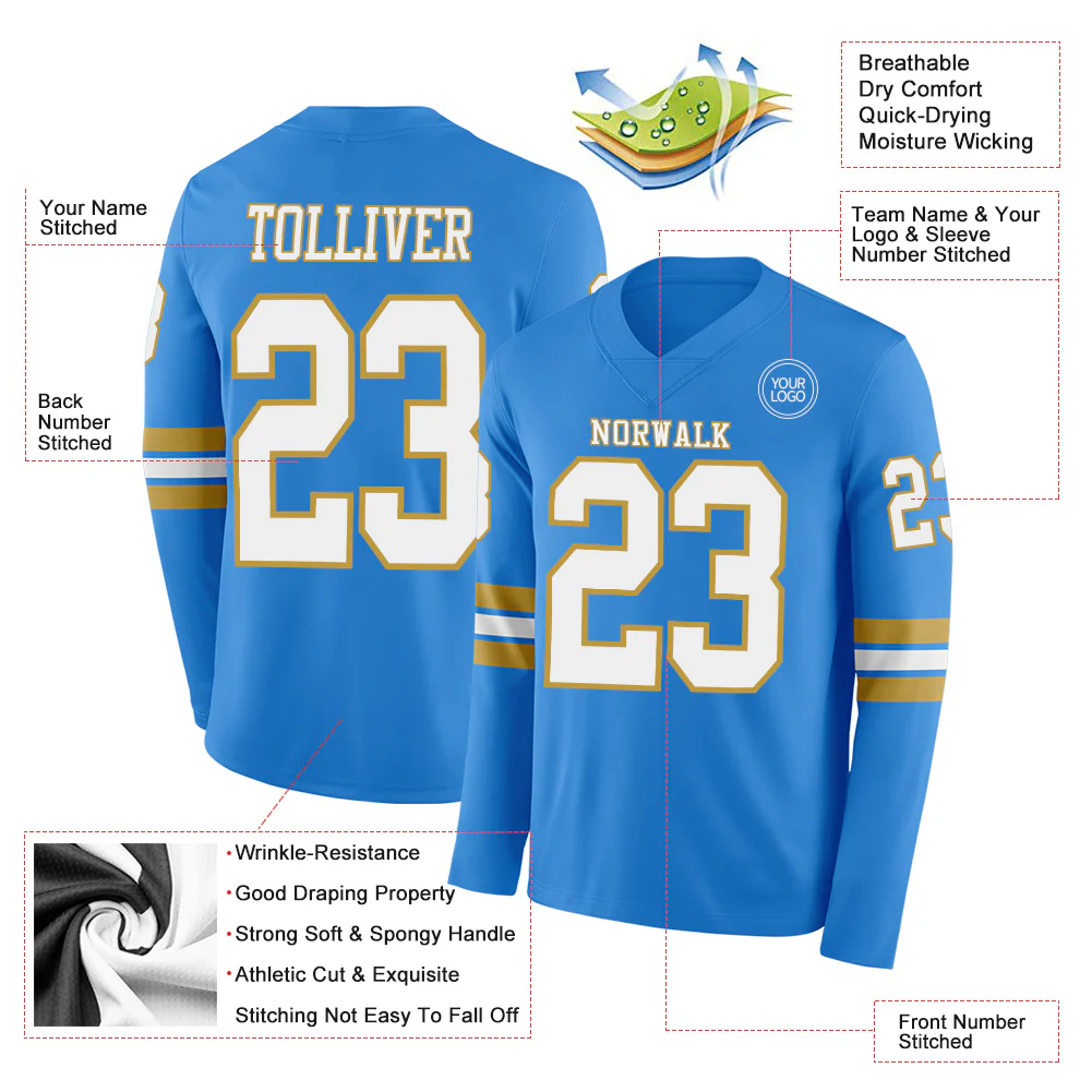 Custom Powder Blue White-Old Gold Long Sleeve Authentic Football Jersey - Image 2