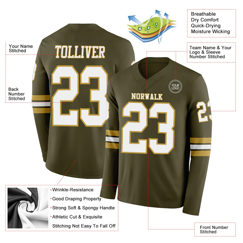 Custom Olive White-Old Gold Long Sleeve Salute To Service Authentic Football Jersey - Image 2