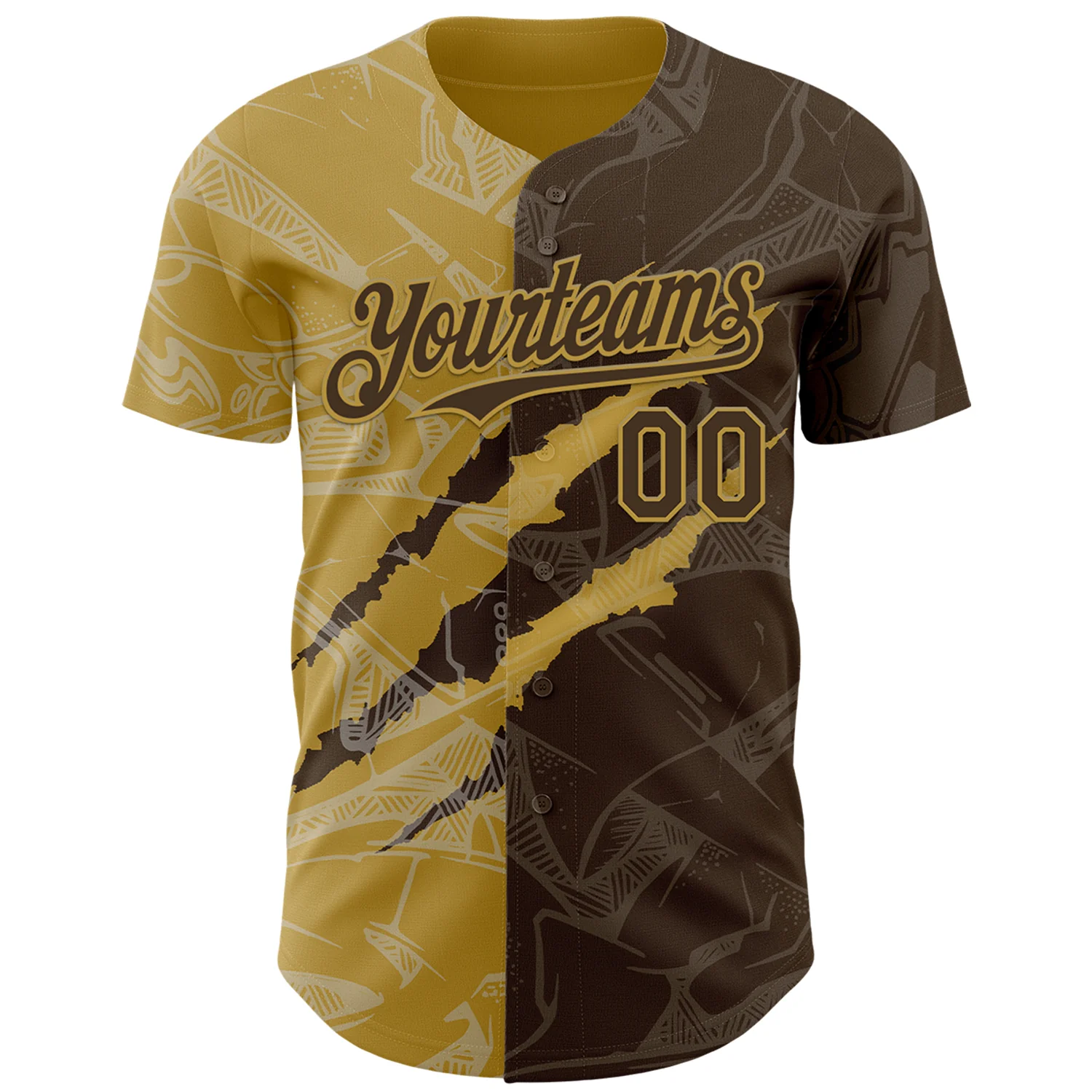 Custom Graffiti Pattern Brown-Old Gold 3D Scratch Authentic Baseball Jersey - Image 2