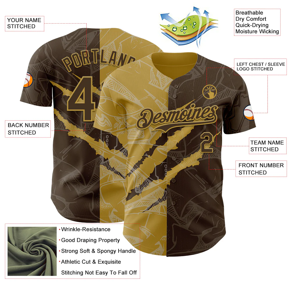 Custom Graffiti Pattern Brown-Old Gold 3D Scratch Authentic Baseball Jersey - Image 3