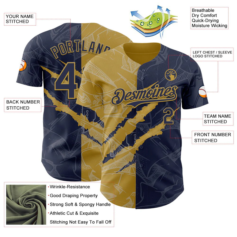 Custom Graffiti Pattern Navy-Old Gold 3D Scratch Authentic Baseball Jersey - Image 3