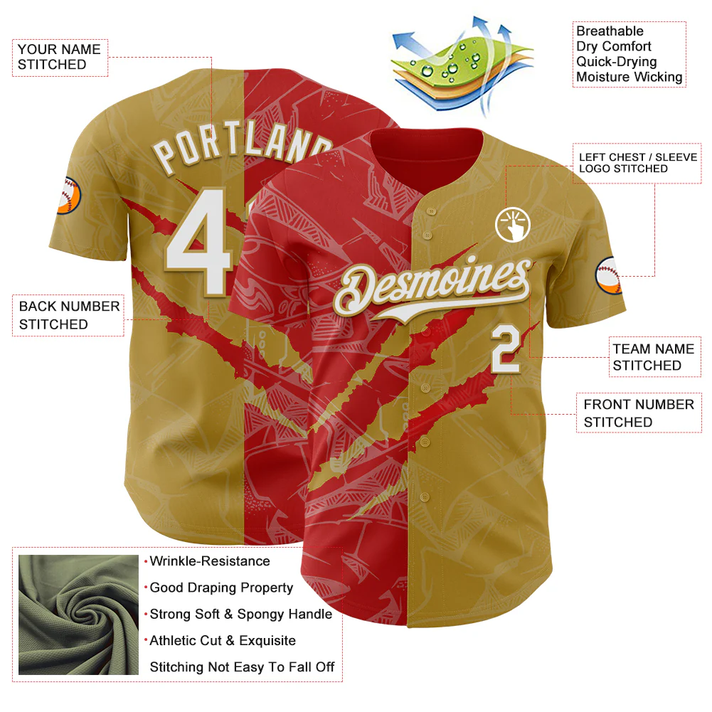 Custom Graffiti Pattern White Old Gold-Red 3D Scratch Authentic Baseball Jersey - Image 3