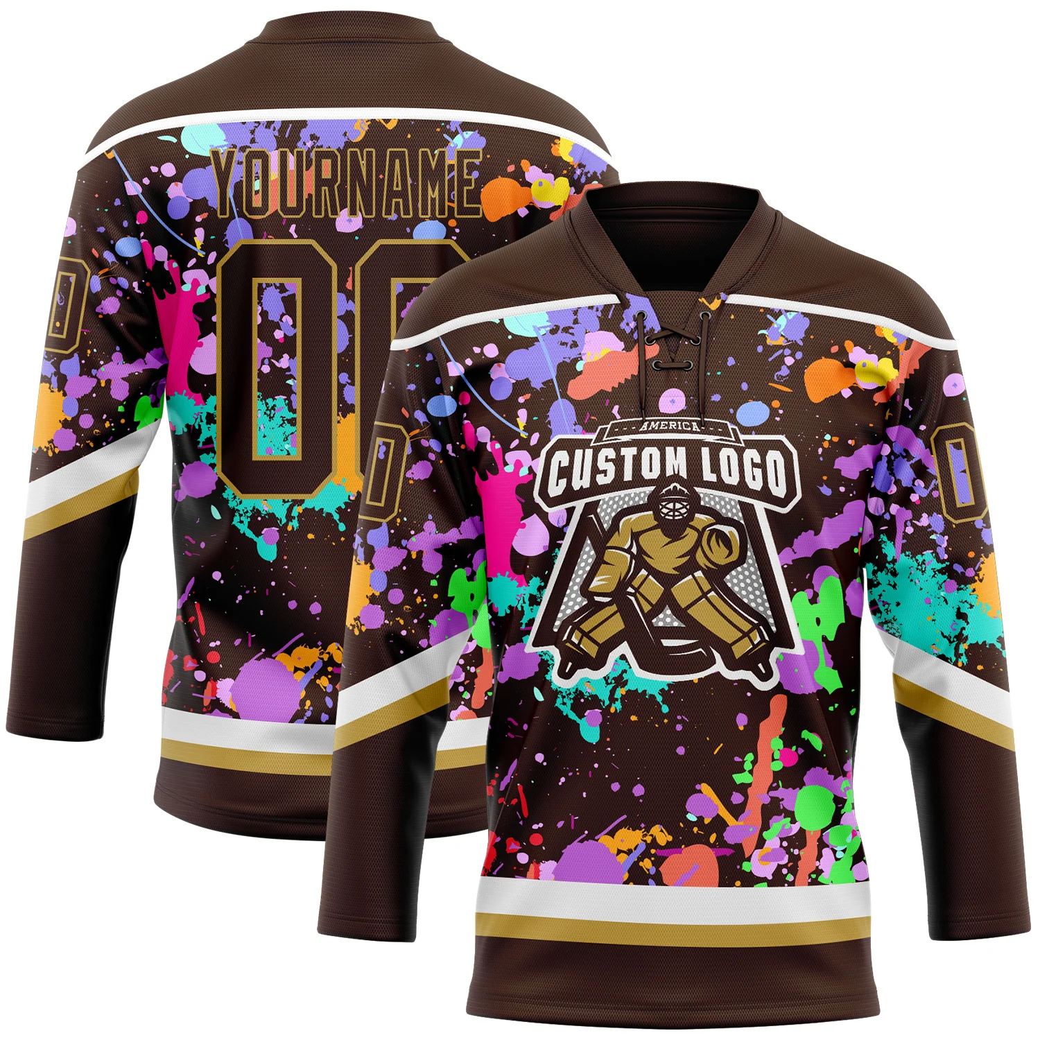 Custom Graffiti Pattern Brown Old Gold-White 3D Pattern Splash Art Hockey Lace Neck Jersey - Image 2