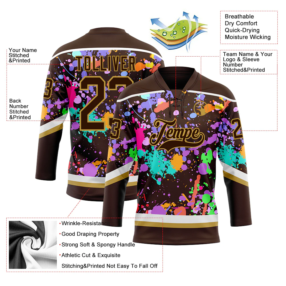 Custom Graffiti Pattern Brown Old Gold-White 3D Pattern Splash Art Hockey Lace Neck Jersey - Image 3