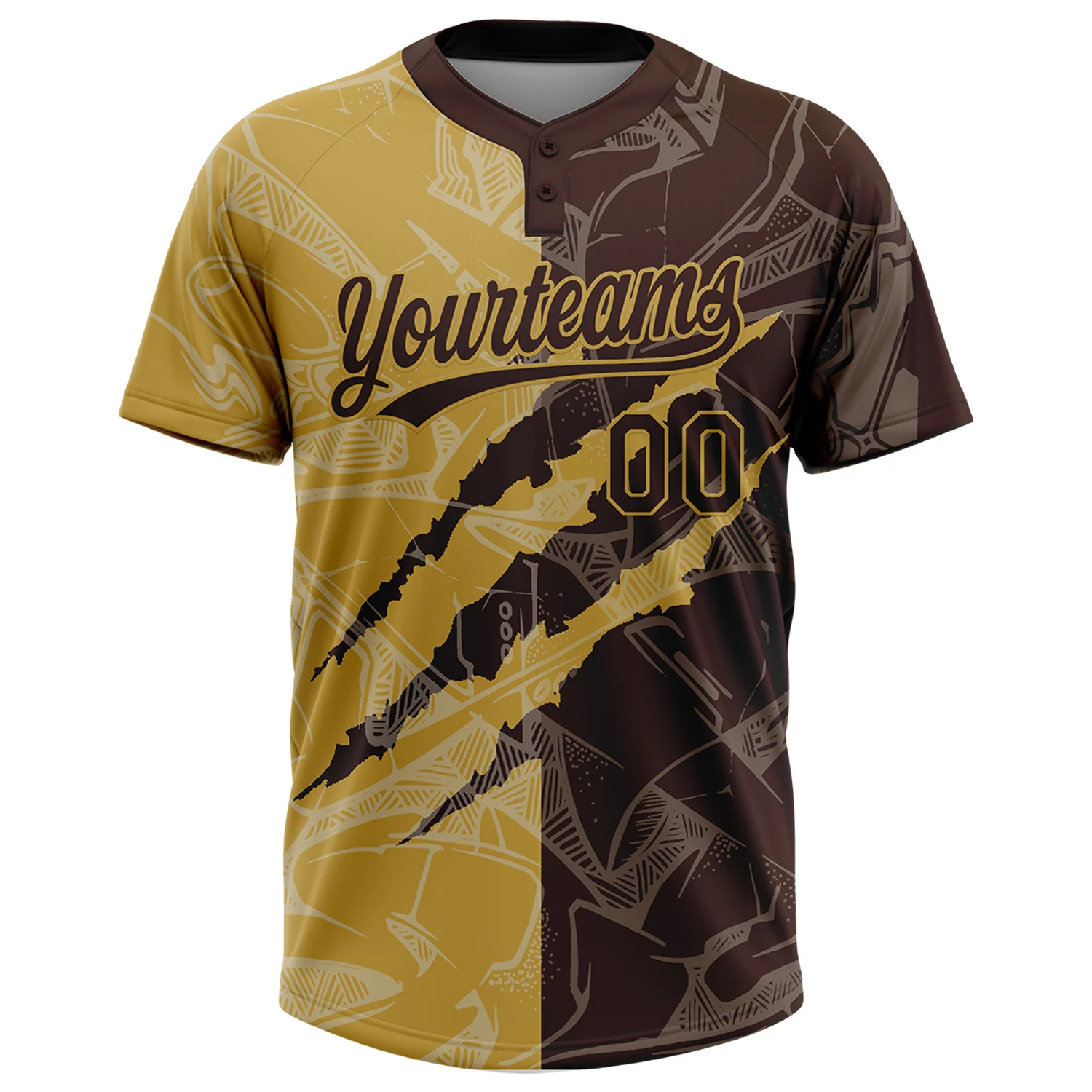 Custom Graffiti Pattern Brown-Old Gold 3D Scratch Two-Button Unisex Softball Jersey - Image 2