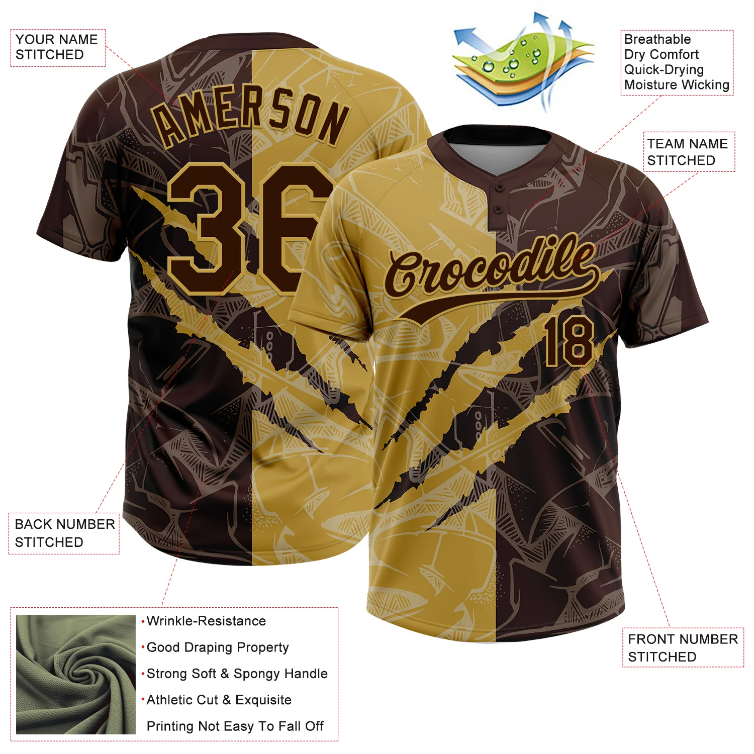 Custom Graffiti Pattern Brown-Old Gold 3D Scratch Two-Button Unisex Softball Jersey - Image 3