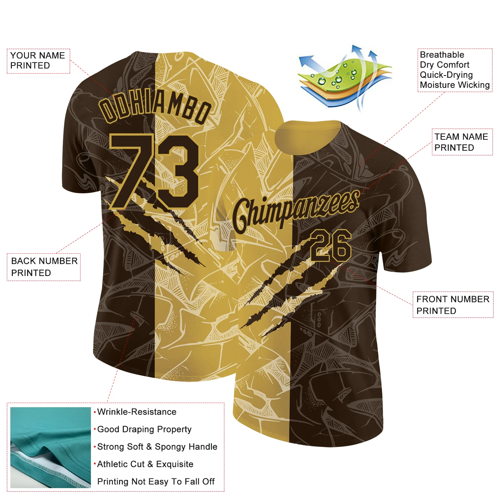 Custom Graffiti Pattern Brown-Old Gold Scratch 3D Performance T-Shirt - Image 2