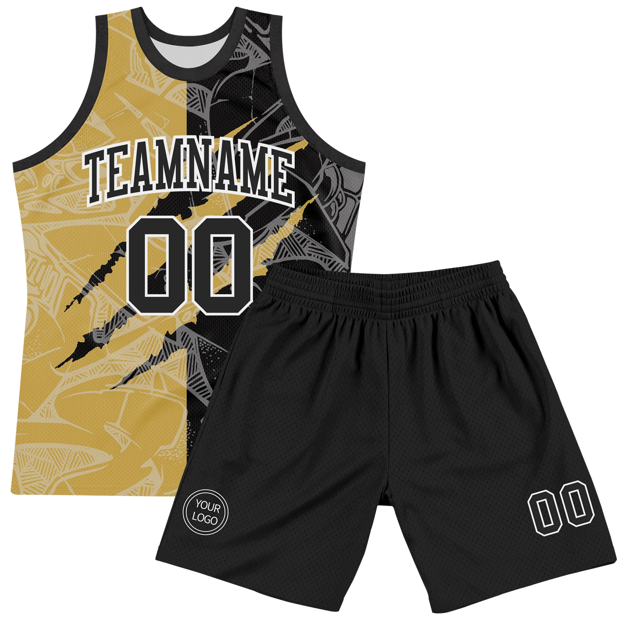 Custom Graffiti Pattern Black Old Gold-White Scratch Round Neck Sublimation Basketball Suit Jersey - Image 2