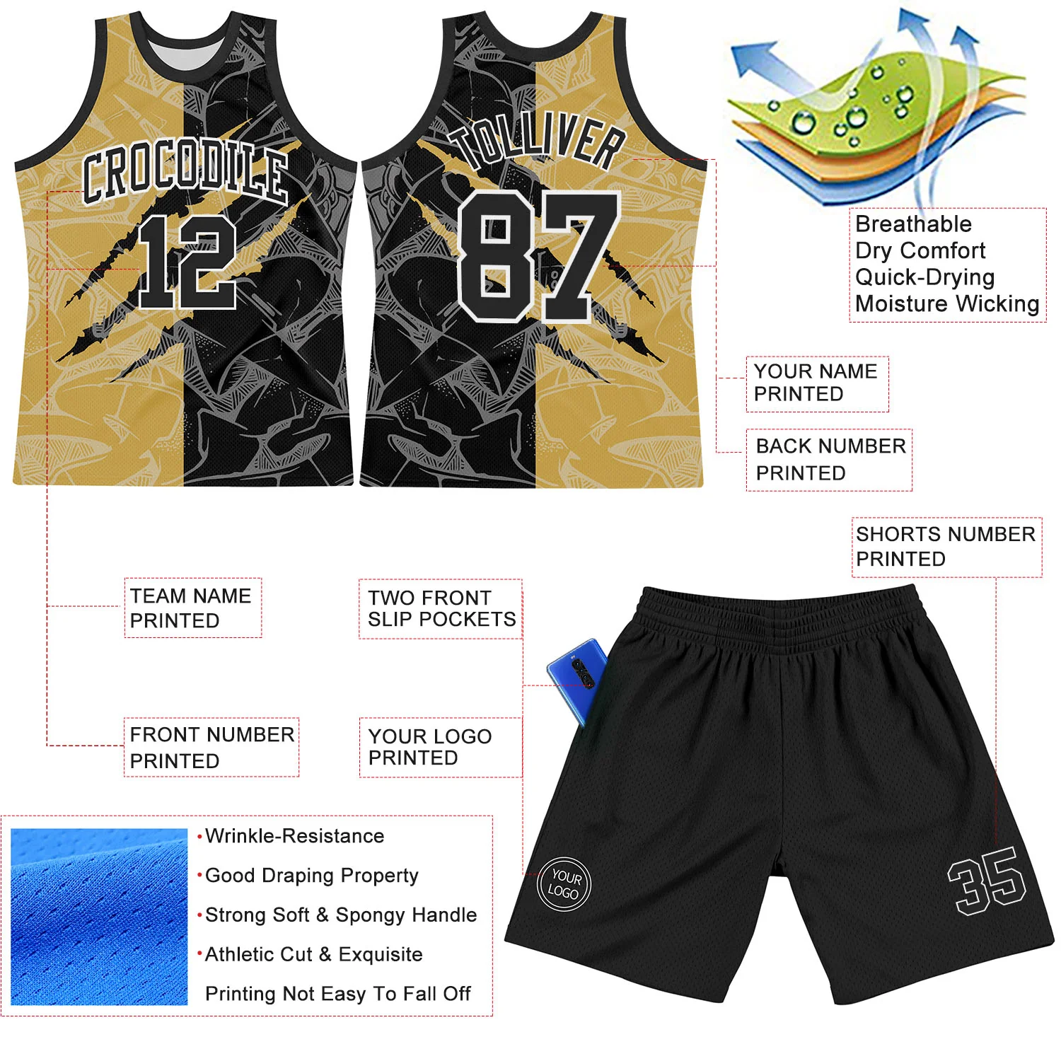 Custom Graffiti Pattern Black Old Gold-White Scratch Round Neck Sublimation Basketball Suit Jersey - Image 3