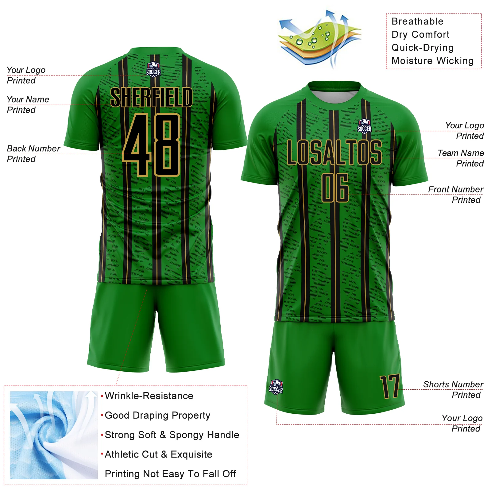 Custom Grass Green Black-Old Gold Stripe Line Sublimation Soccer Uniform Jersey - Image 4