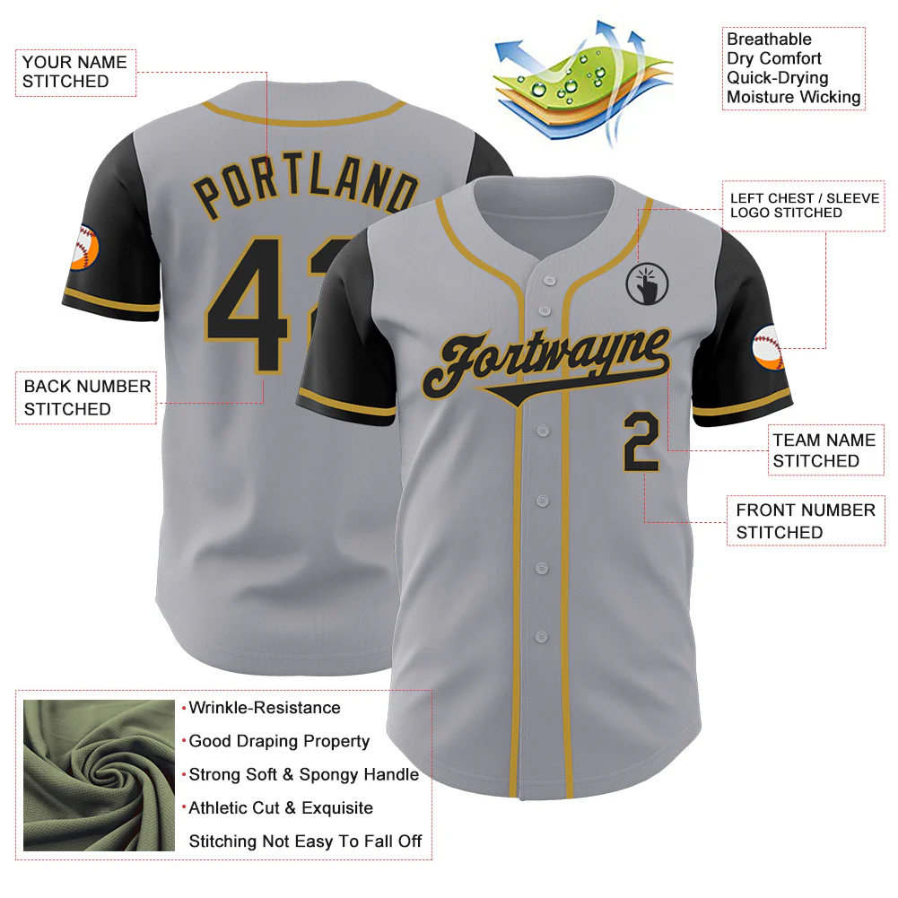 Custom Gray Black-Old Gold Authentic Two Tone Baseball Jersey - Image 3