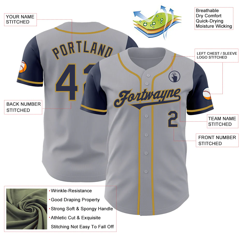 Custom Gray Navy-Old Gold Authentic Two Tone Baseball Jersey - Image 3