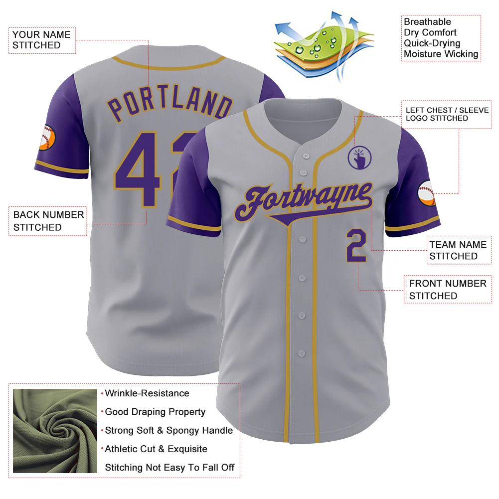 Custom Gray Purple-Old Gold Authentic Two Tone Baseball Jersey - Image 3