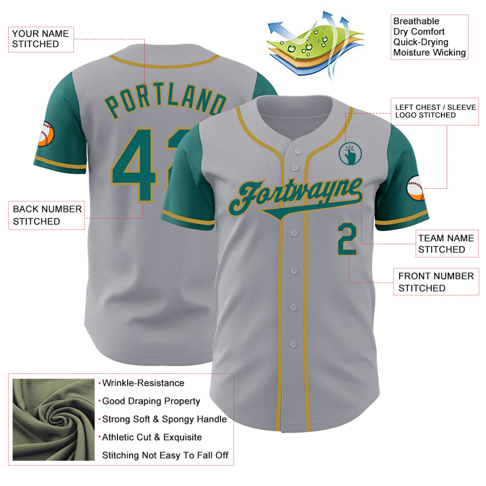 Custom Gray Teal-Old Gold Authentic Two Tone Baseball Jersey - Image 3