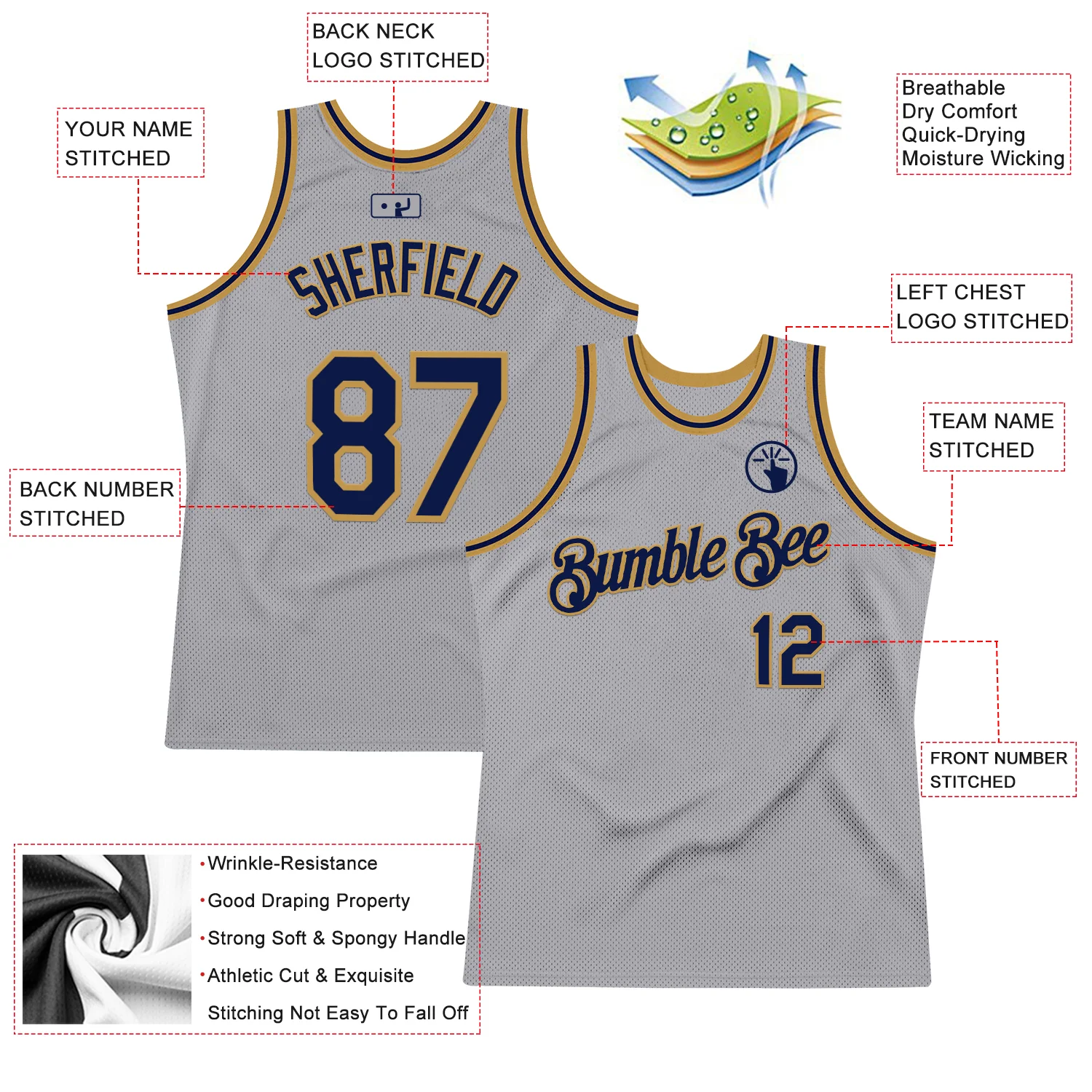 Custom Gray Navy-Old Gold Authentic Throwback Basketball Jersey - Image 2