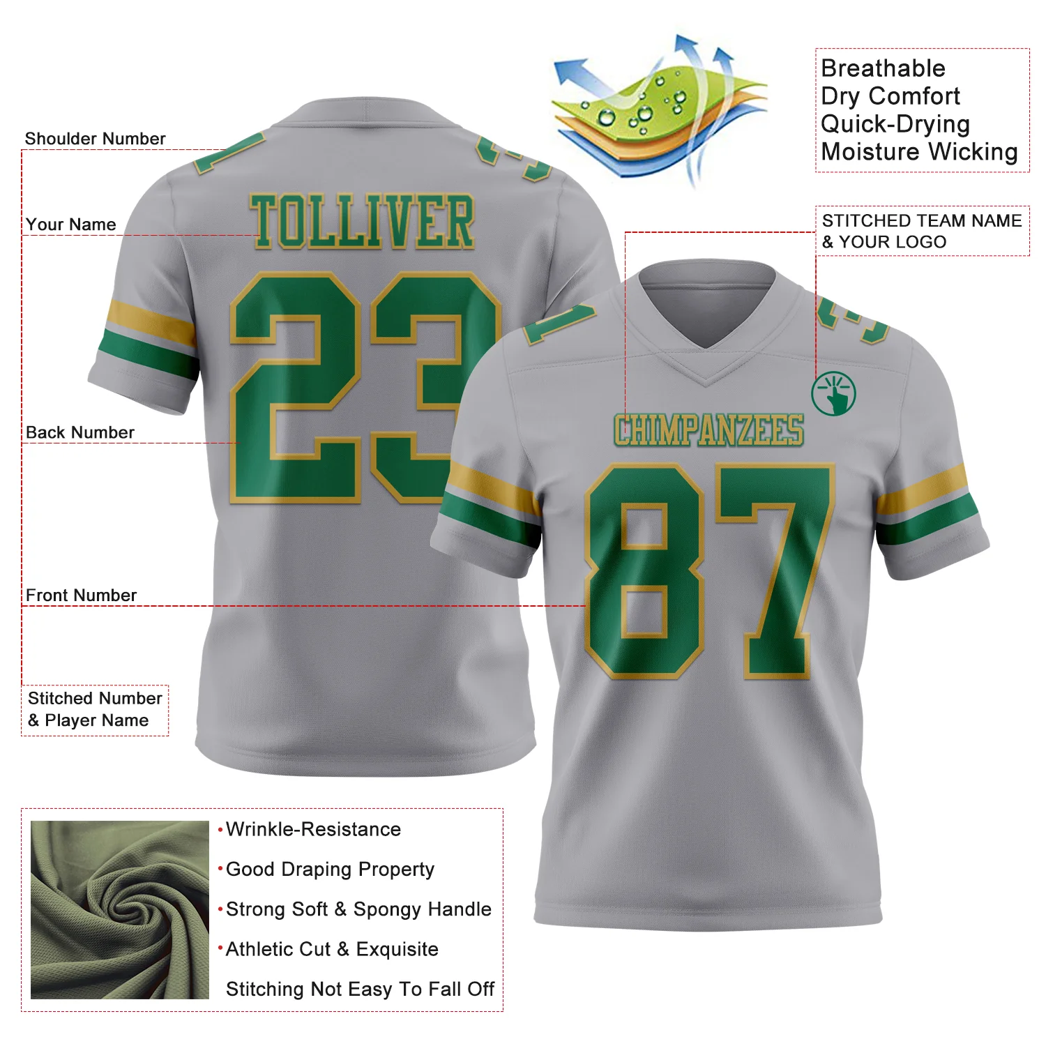 Custom Gray Kelly Green-Old Gold Authentic Football Jersey - Image 3