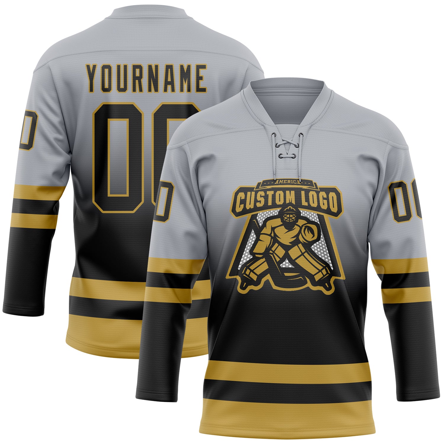 Custom Gray Black-Old Gold Fade Fashion Hockey Lace Neck Jersey - Image 2