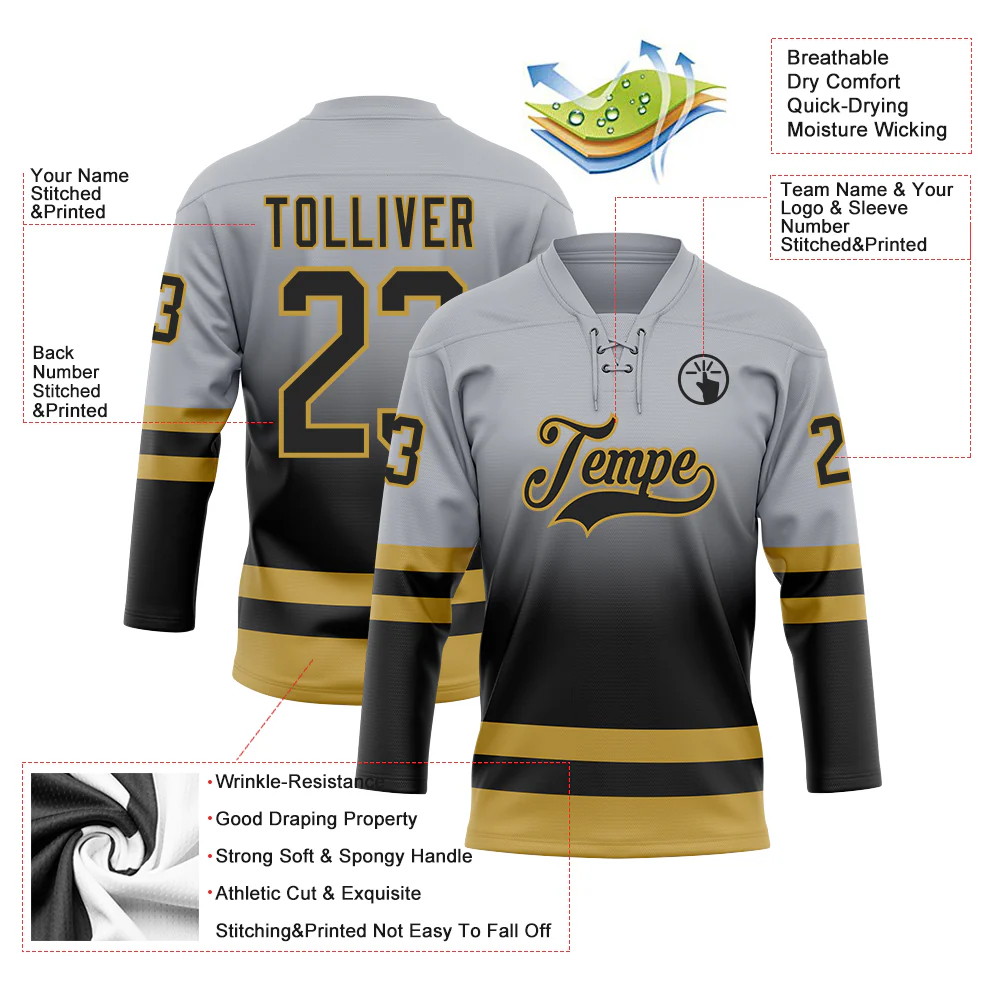 Custom Gray Black-Old Gold Fade Fashion Hockey Lace Neck Jersey - Image 5