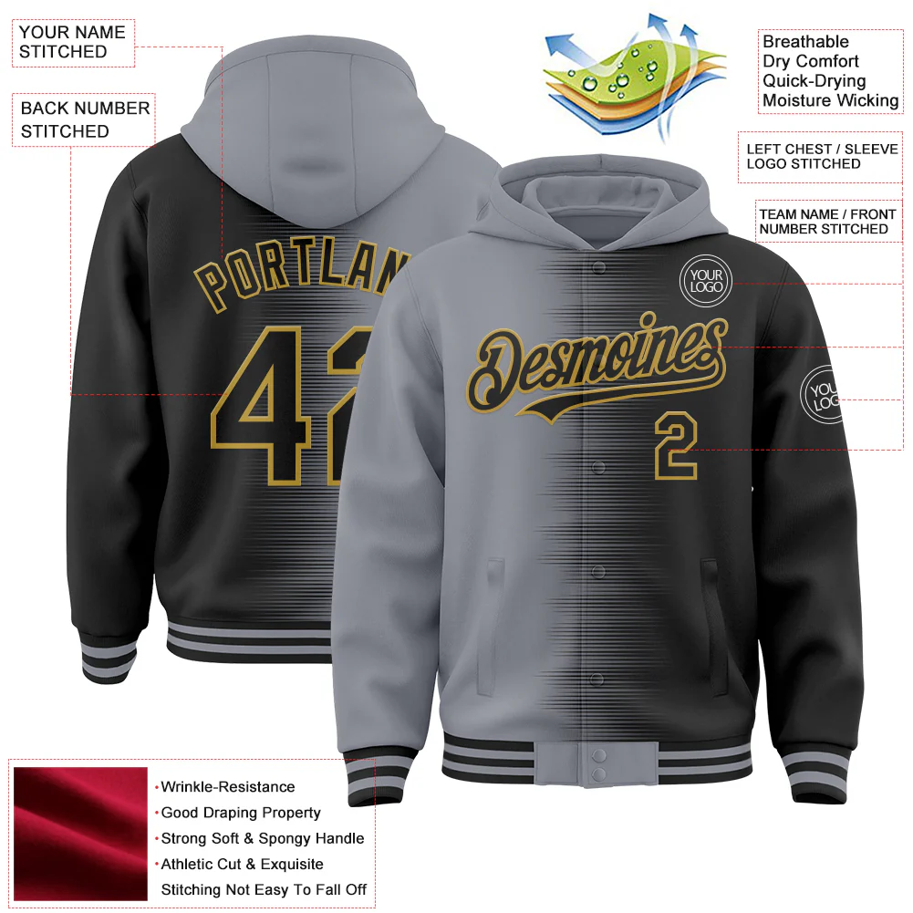 Custom Gray Black-Old Gold Gradient Line Bomber Full-Snap Varsity Letterman Hoodie Jacket - Image 4