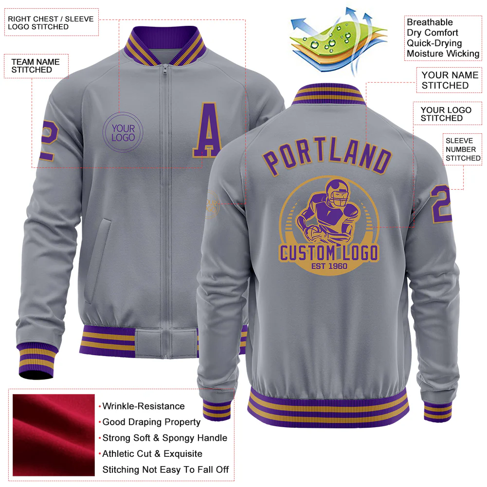 Custom Gray Purple-Old Gold Bomber Varsity Letterman Zipper Jacket - Image 4