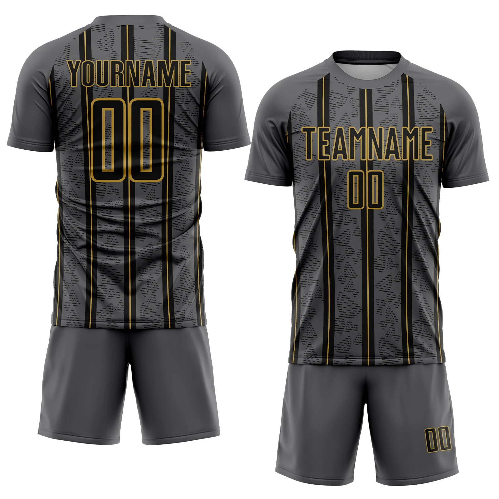 Custom Gray Black-Old Gold Stripe Line Sublimation Soccer Uniform Jersey - Image 2