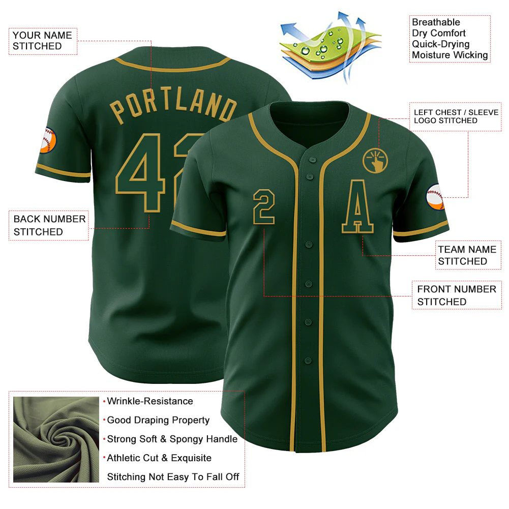 Custom Green Old Gold Authentic Baseball Jersey - Image 2