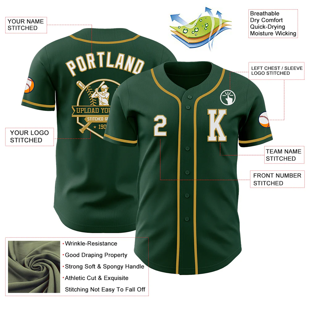 Custom Green White-Old Gold Authentic Baseball Jersey - Image 6