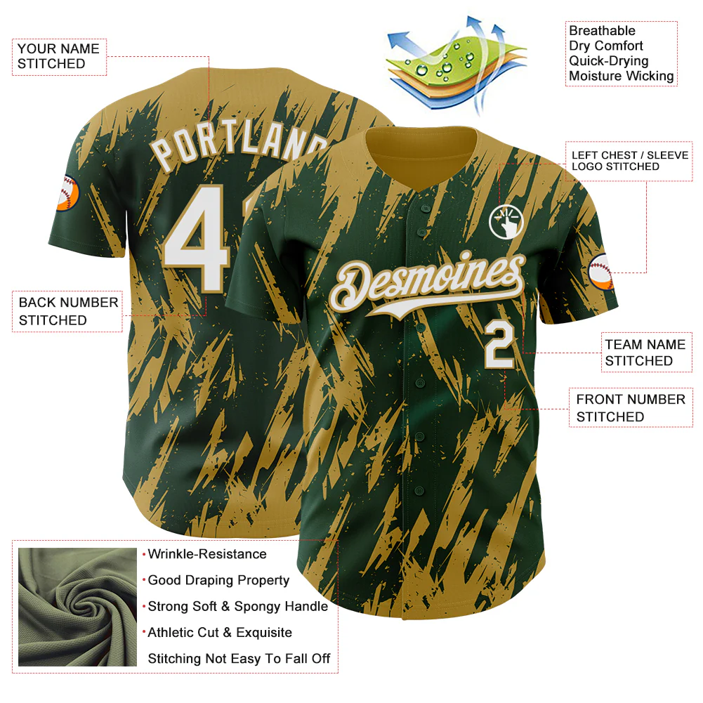 Custom Green White-Old Gold Splatter Torn Sharp Brush Stroke Authentic Baseball Jersey - Image 3