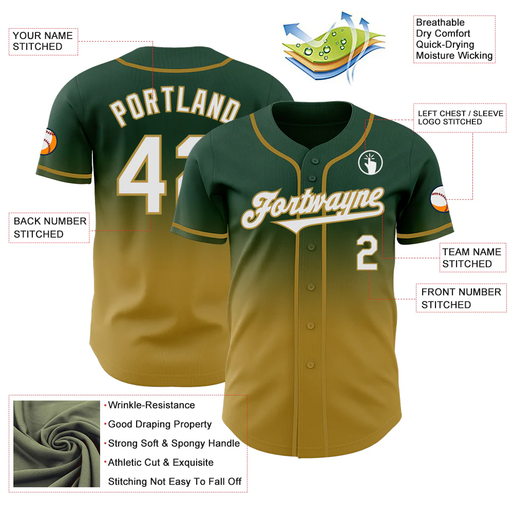 Custom Green White-Old Gold Authentic Fade Fashion Baseball Jersey - Image 3