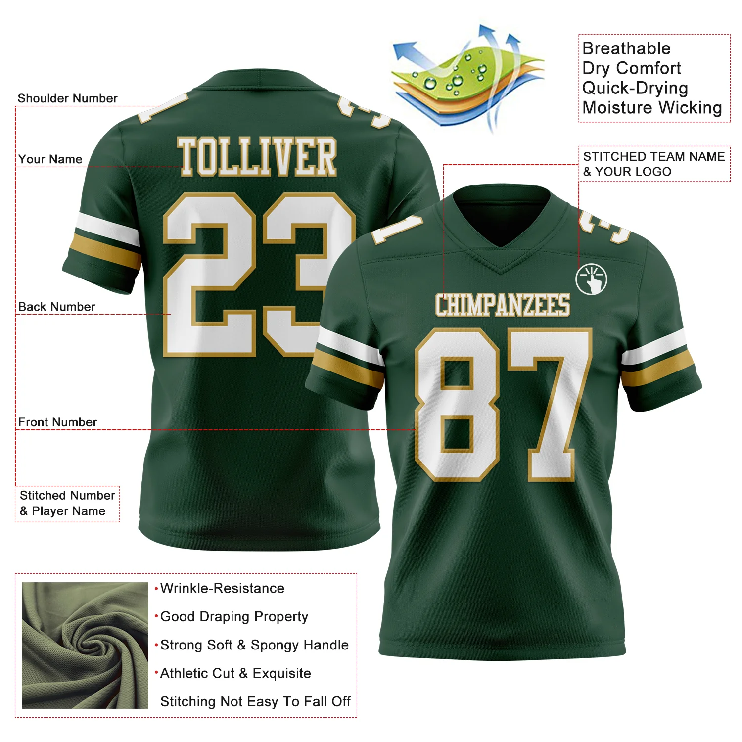Custom Green White-Old Gold Authentic Football Jersey - Image 3