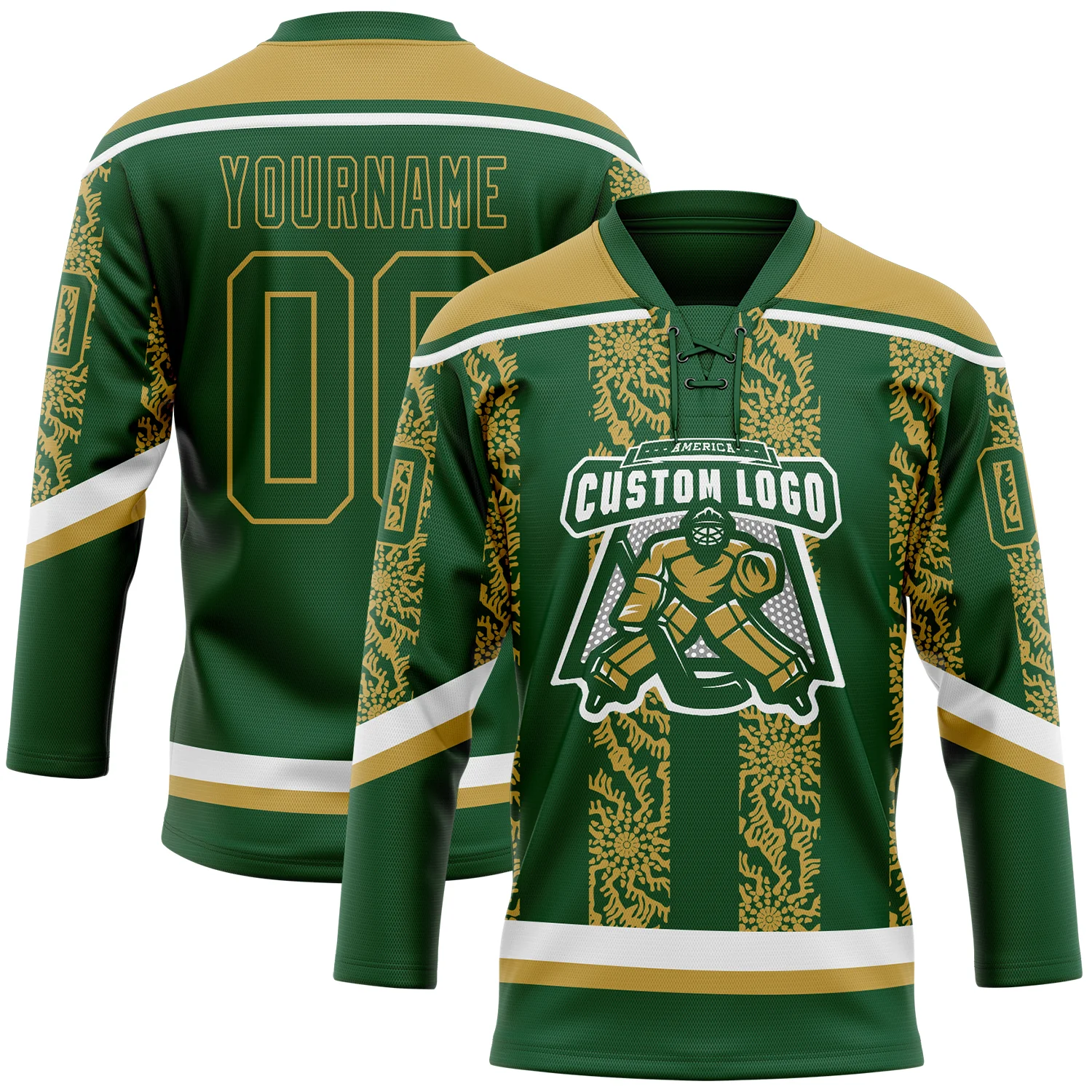 Custom Green Old Gold-White 3D Pattern Abstract Shape Hockey Lace Neck Jersey - Image 2