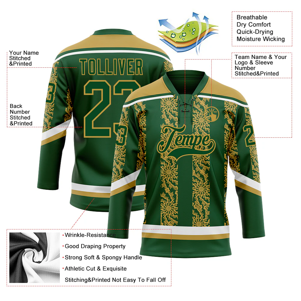 Custom Green Old Gold-White 3D Pattern Abstract Shape Hockey Lace Neck Jersey - Image 3