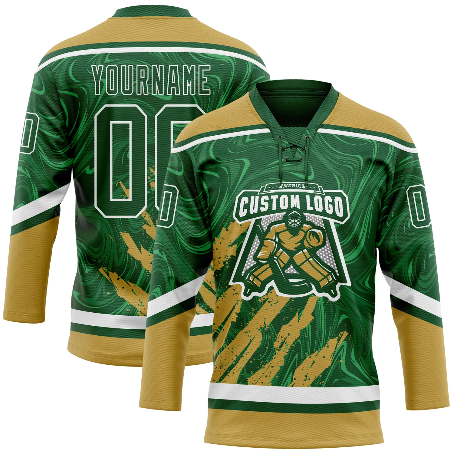 Custom Green Old Gold-White 3D Splash Art Hockey Lace Neck Jersey - Image 2