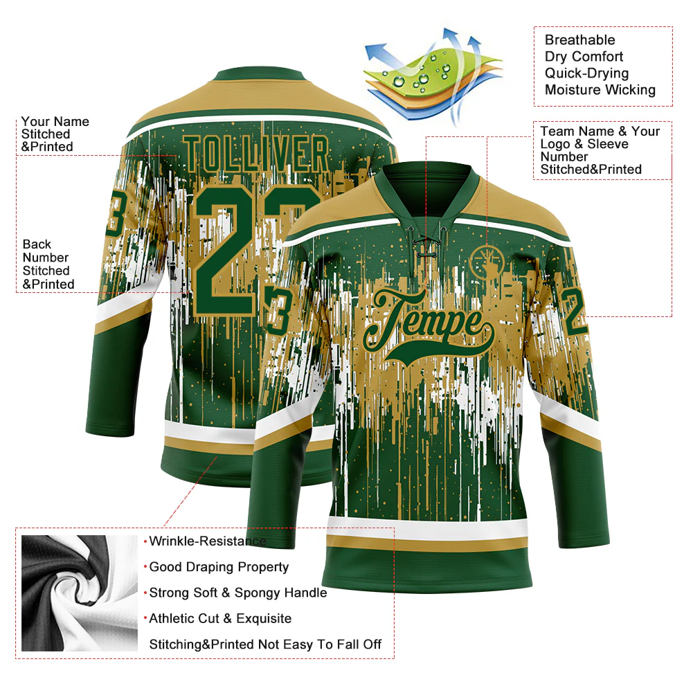 Custom Green Old Gold-White Dripping Splatter Pattern Hockey Lace Neck Jersey - Image 5