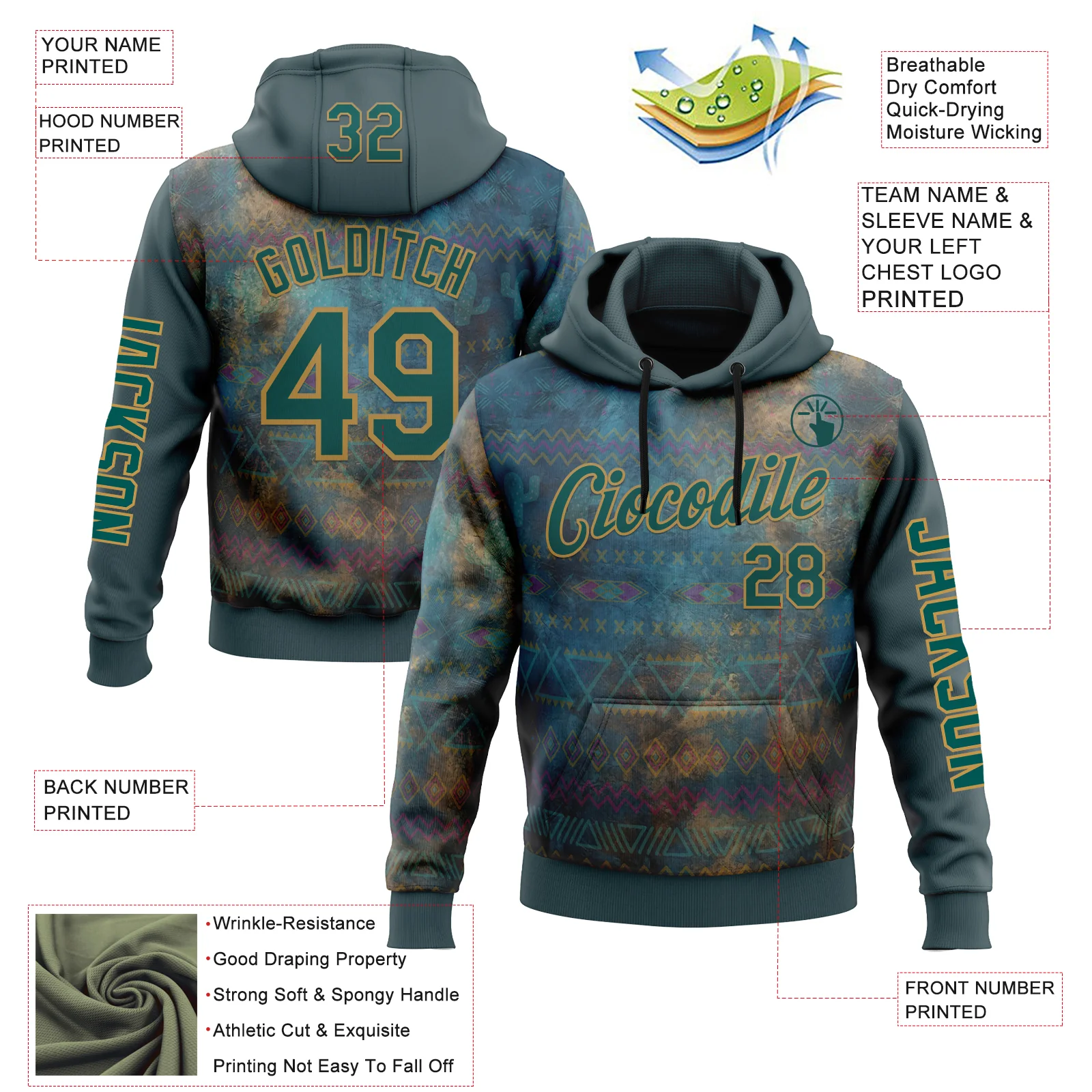 Custom Green Midnight Green-Old Gold 3D Pattern Design Ethnic Tribal Sportswear Pullover Sweatshirt Hoodie - Image 2