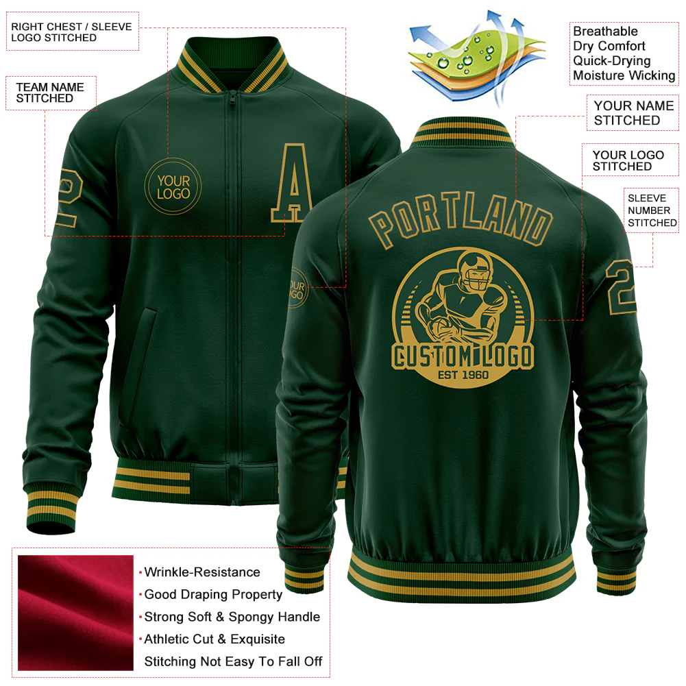 Custom Green Old Gold Bomber Varsity Letterman Zipper Jacket - Image 4