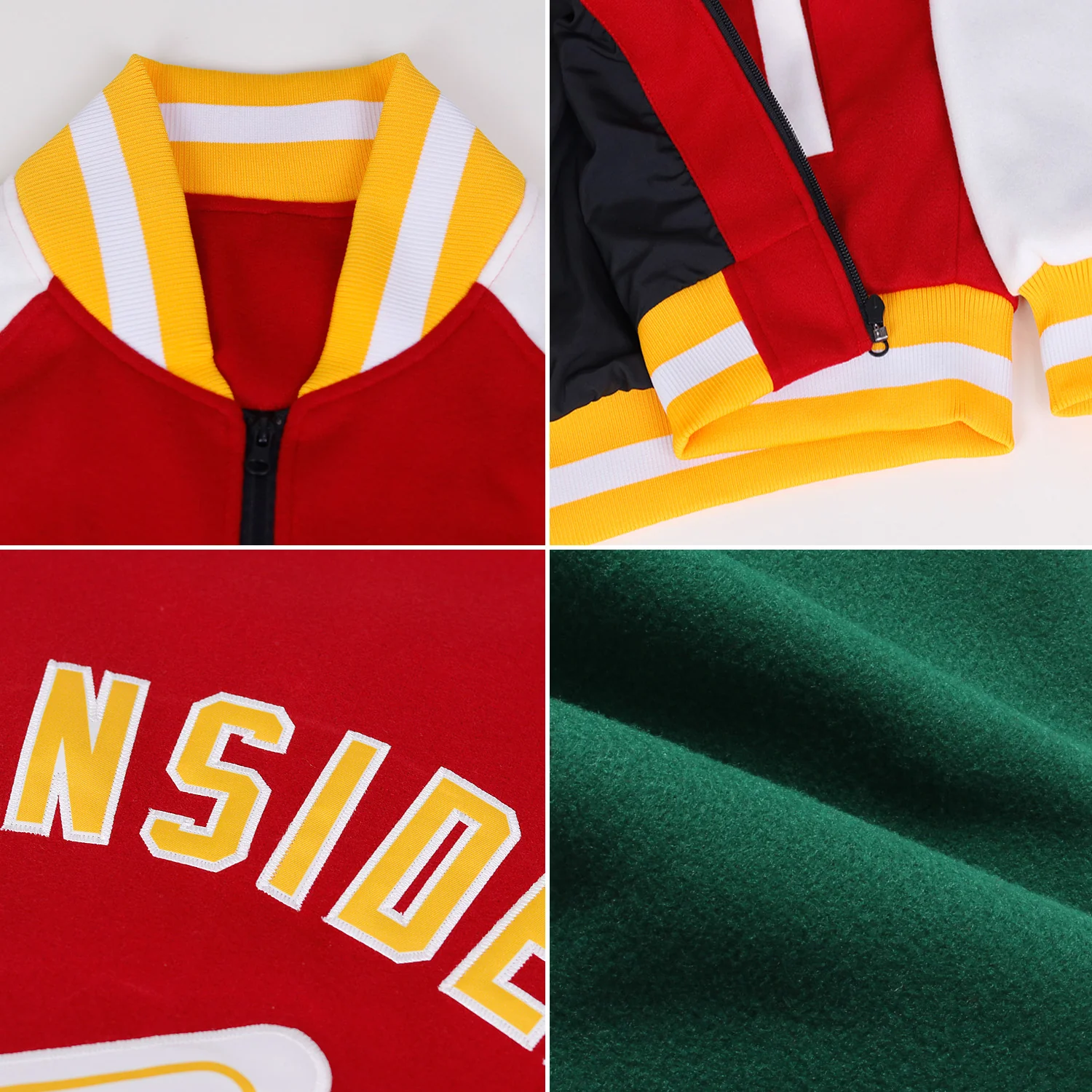 Custom Green White-Old Gold Bomber Varsity Letterman Two Tone Zipper Jacket - Image 2