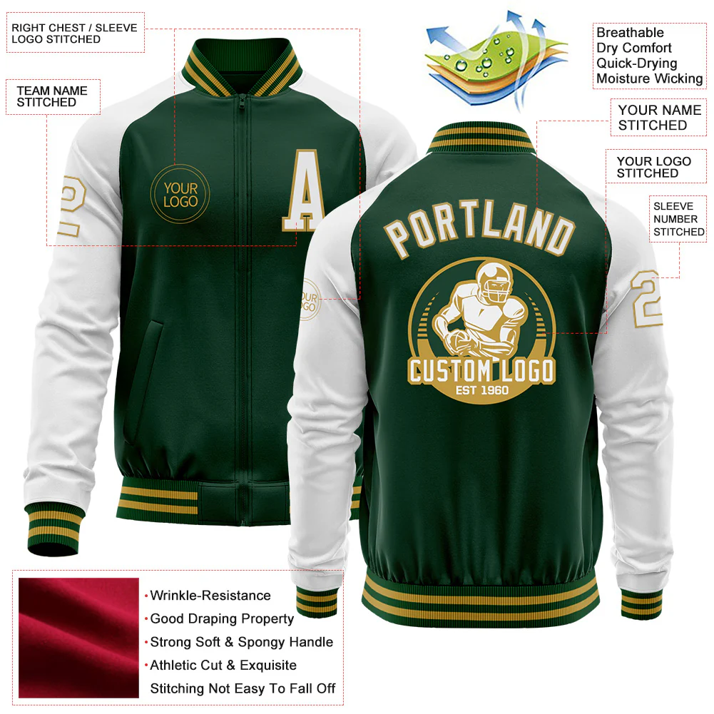Custom Green White-Old Gold Bomber Varsity Letterman Two Tone Zipper Jacket - Image 4