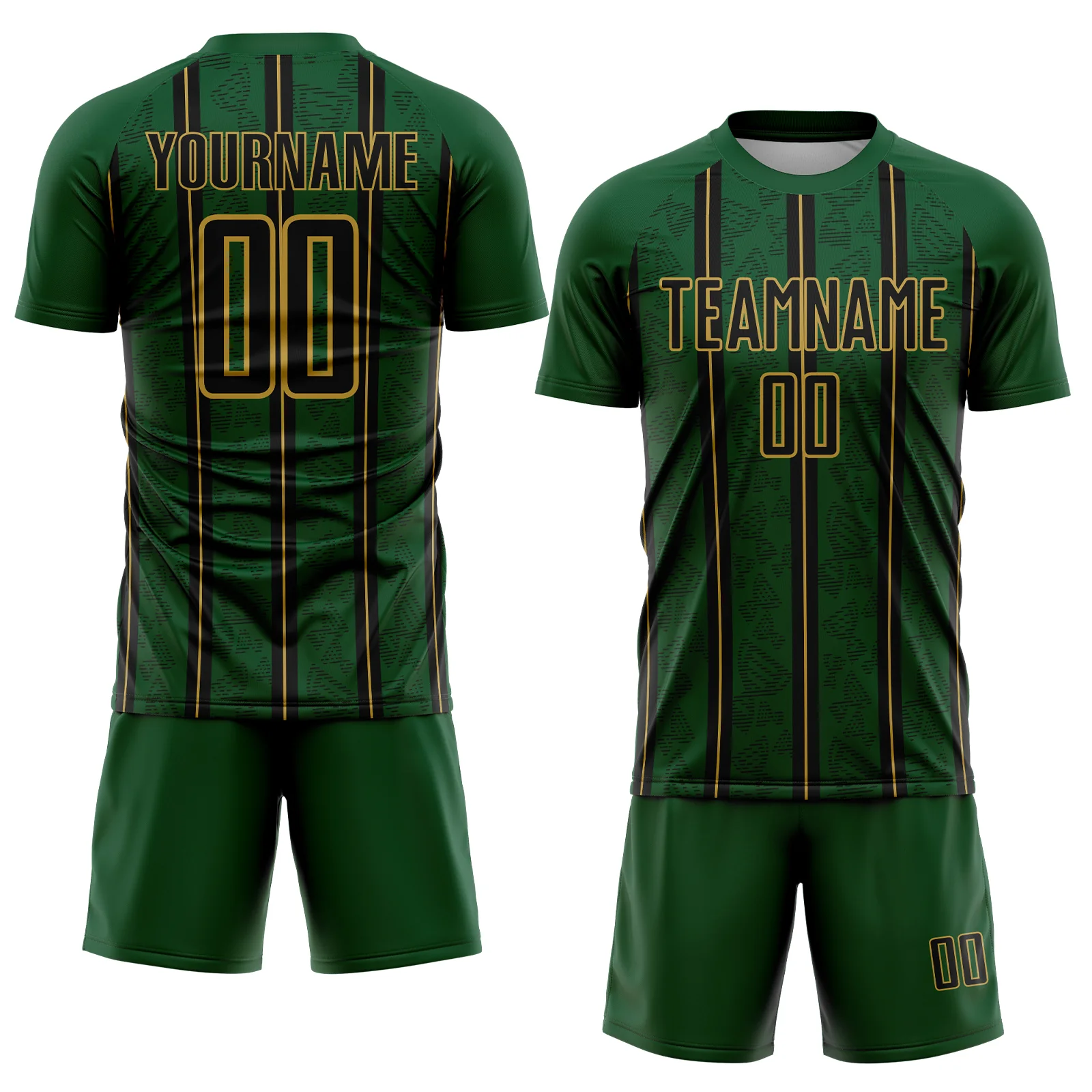 Custom Green Black-Old Gold Stripe Line Sublimation Soccer Uniform Jersey - Image 2