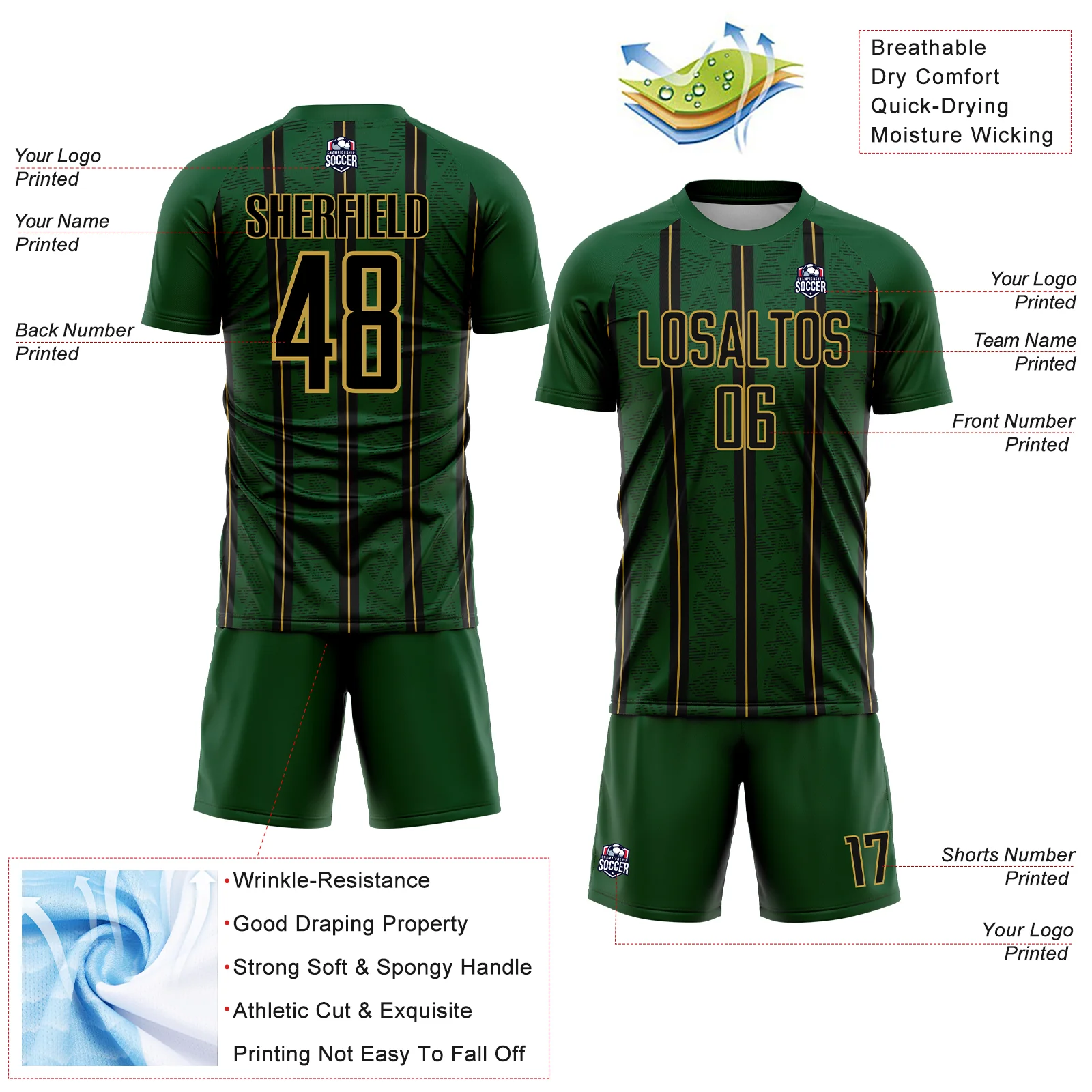 Custom Green Black-Old Gold Stripe Line Sublimation Soccer Uniform Jersey - Image 4