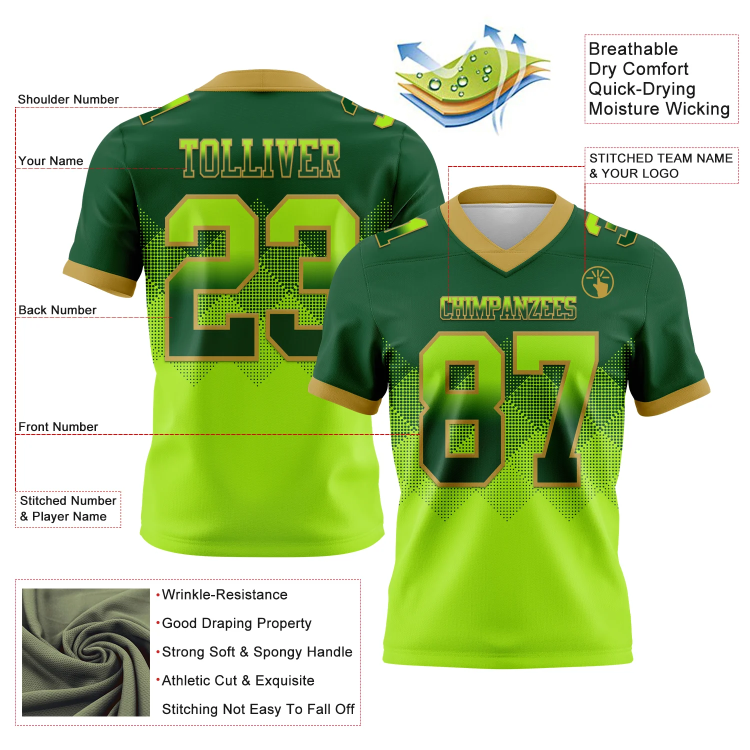 Custom Green Neon Green-Old Gold Authentic Gradient Square Shape Flag Football Jersey - Image 2