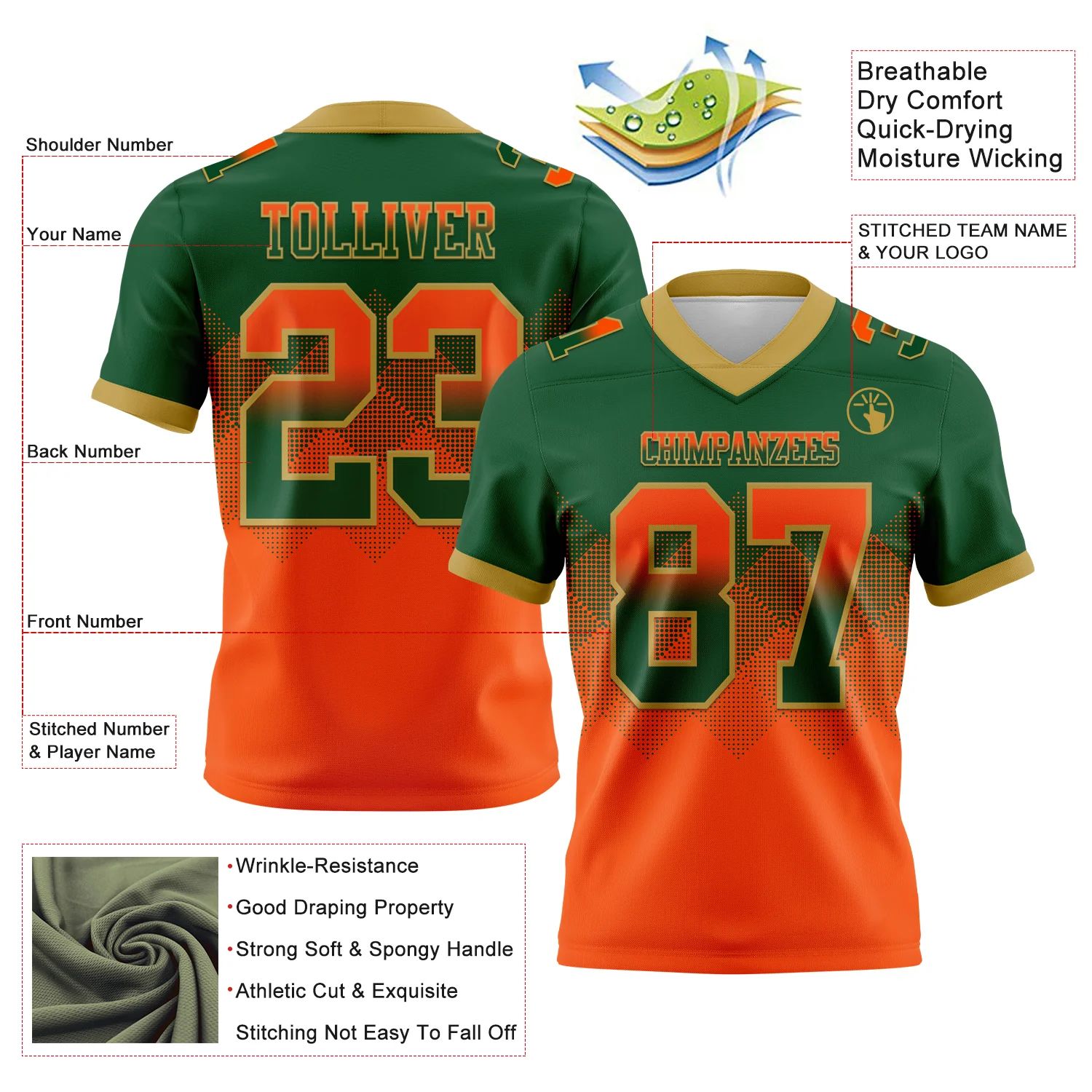Custom Green Orange-Old Gold Authentic Gradient Square Shape Flag Football Jersey - Image 2