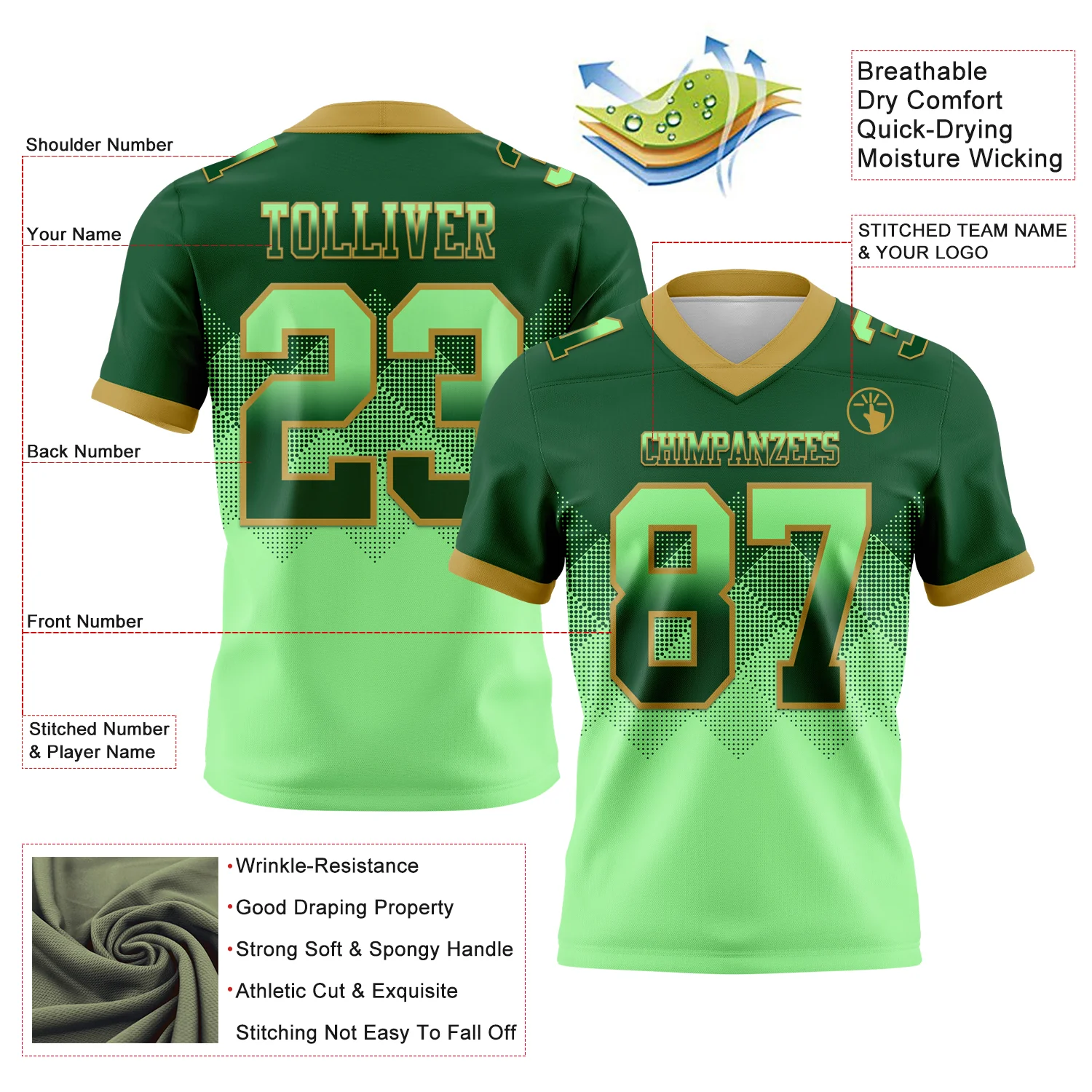 Custom Green Pea Green-Old Gold Authentic Gradient Square Shape Flag Football Jersey - Image 2