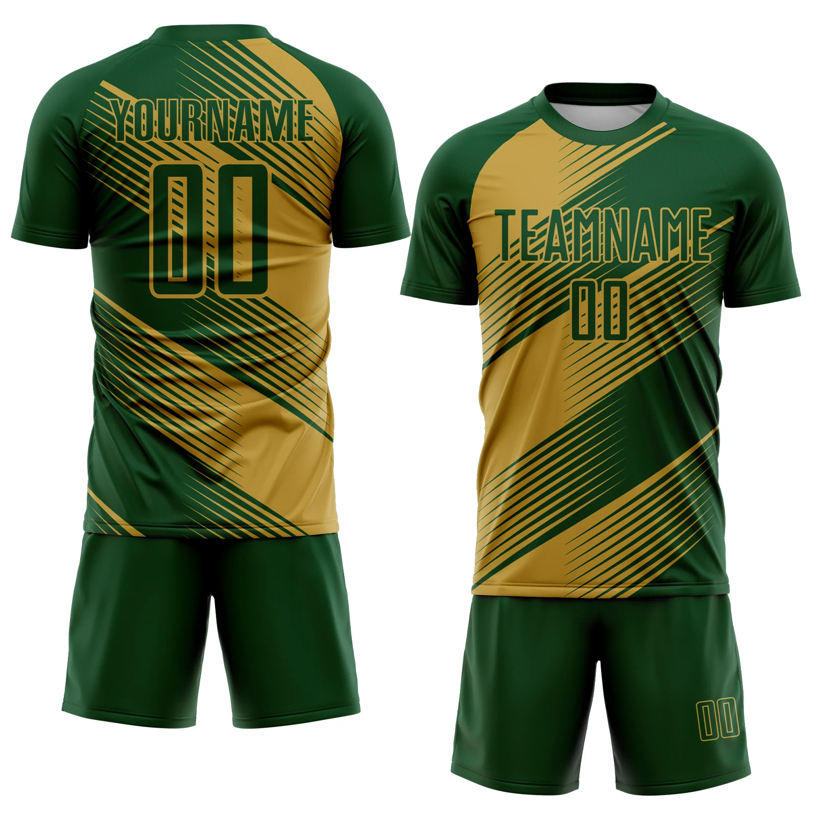 Custom Green Old Gold Line Sublimation Soccer Uniform Jersey - Image 2