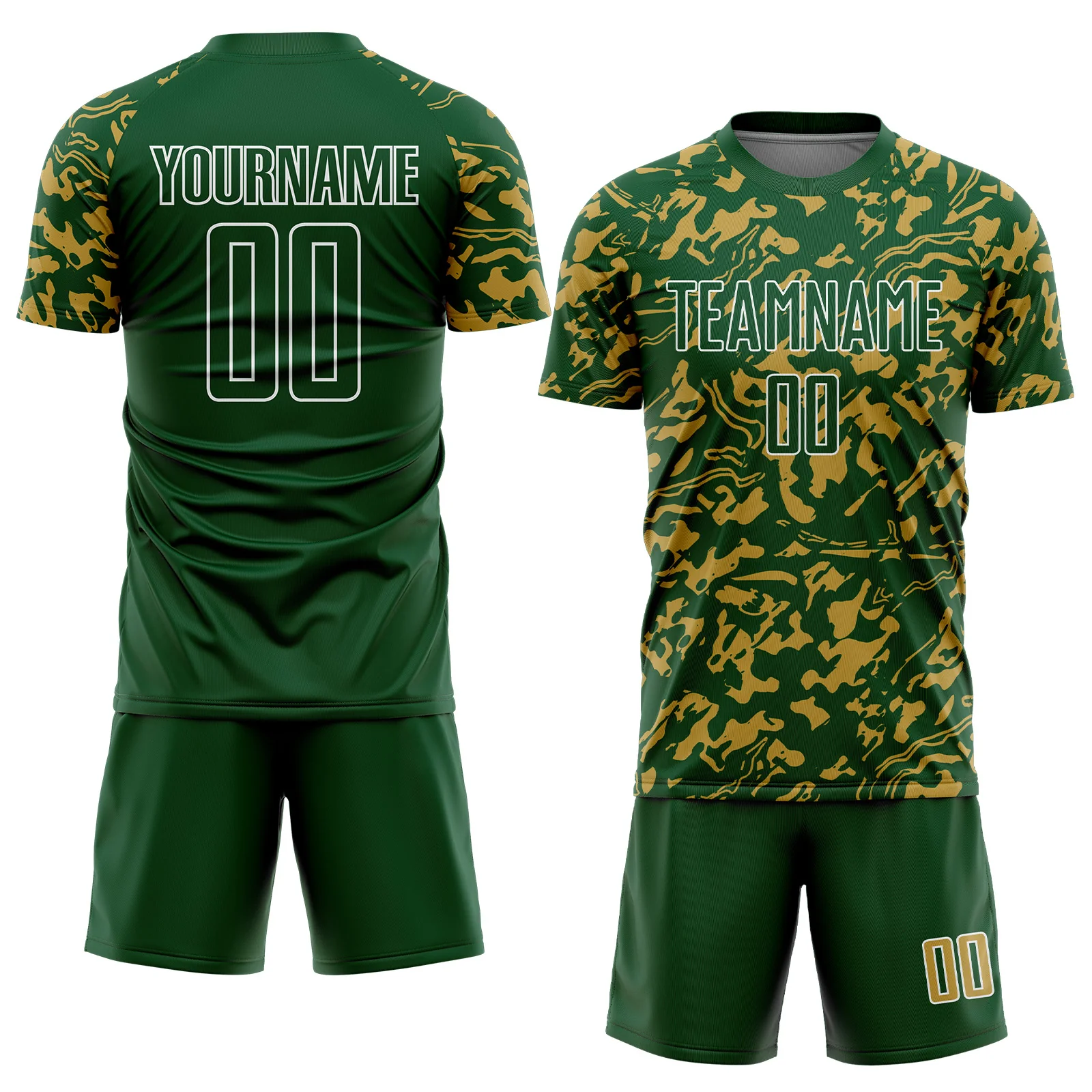 Custom Green Old Gold-White Liquid Fluid Pattern Sports Sublimation Soccer Uniform Jersey - Image 2