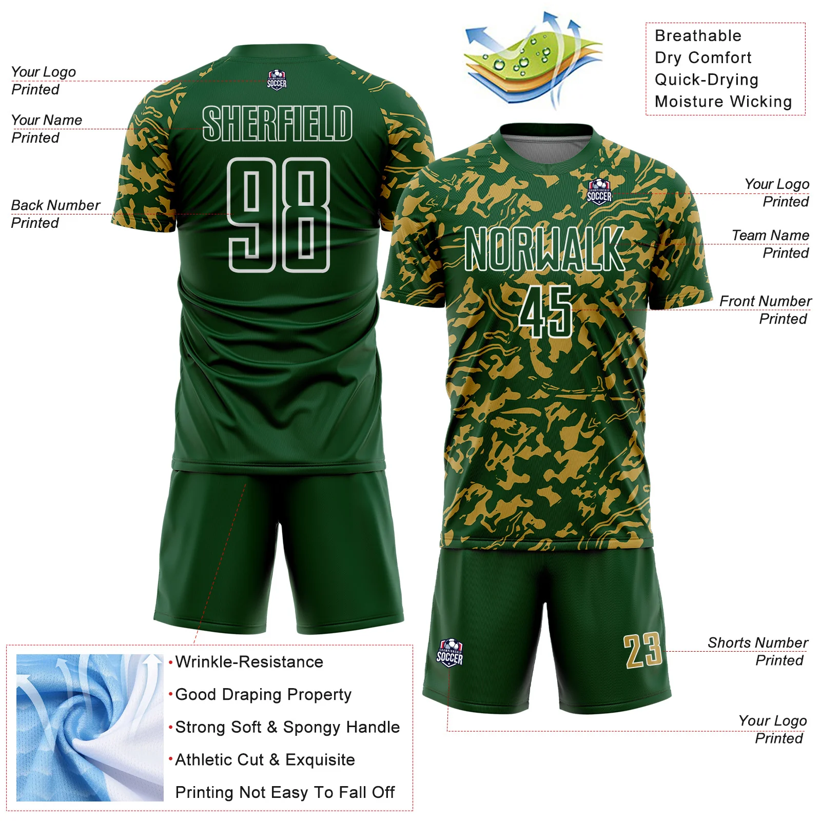 Custom Green Old Gold-White Liquid Fluid Pattern Sports Sublimation Soccer Uniform Jersey - Image 4
