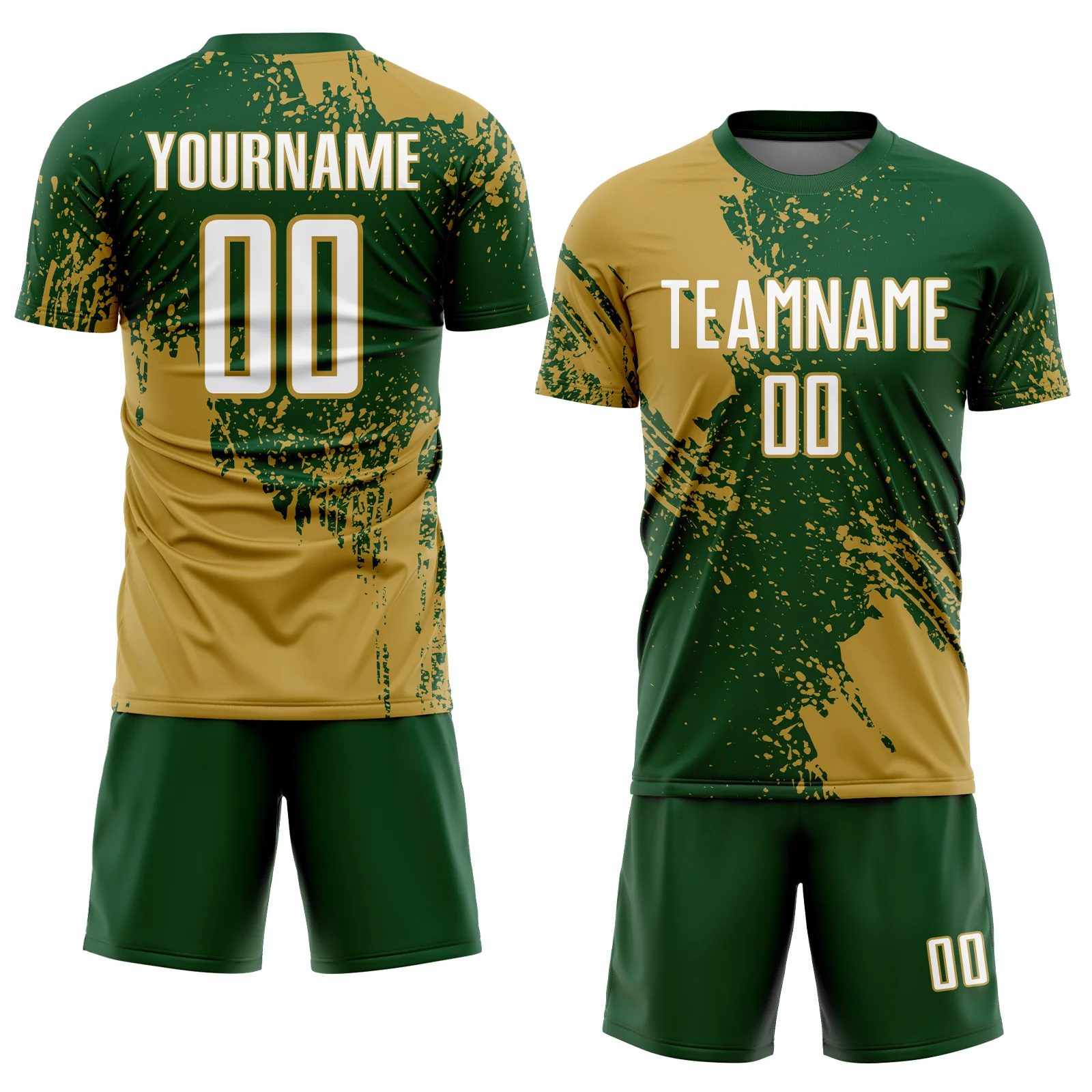Custom Green White-Old Gold Abstract Brush Stroke Sports Sublimation Soccer Uniform Jersey - Image 2
