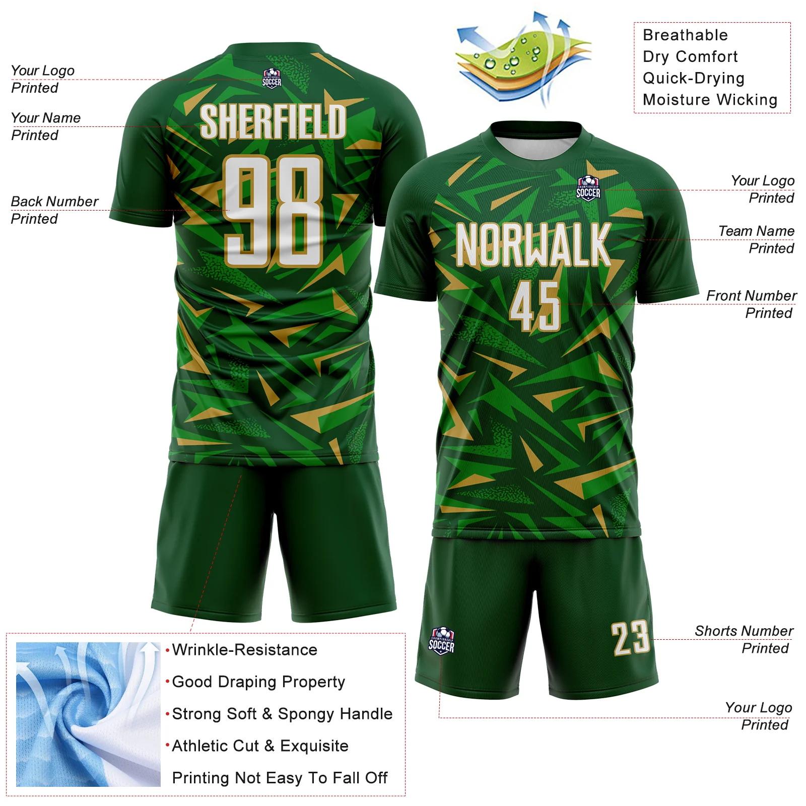 Custom Green White Old Gold-Grass Green Cyber Mecha E-sport Geometric Shards Spike Sublimation Soccer Uniform Jersey - Image 4